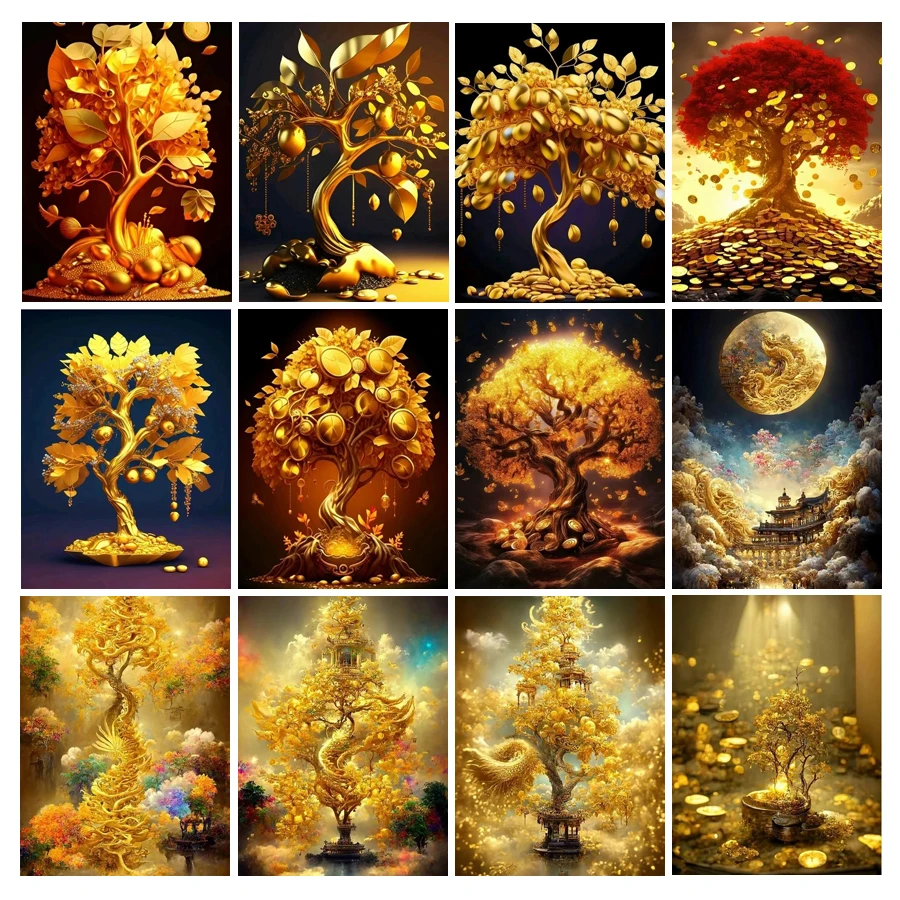 Fullcang Diy Diamond Painting Complete Kits New Collection 2024 Golden Wealth Tree Full Mosaic Embroidery Landscape Wall Decor