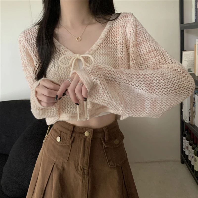 Hollow Out Cardigan Women Loose Tender Lace Up V-neck Summer Long Sleeve Outwear Sun-proof Popular Office Casual Young Ulzzang