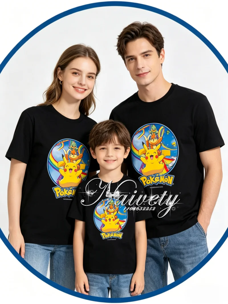 

2026 Summer Pokemon Family Matching T-Shirts, 100% Cotton Print Tops, Pikachu Pachirisu Parent-child Couple Tees for Travel Y2k