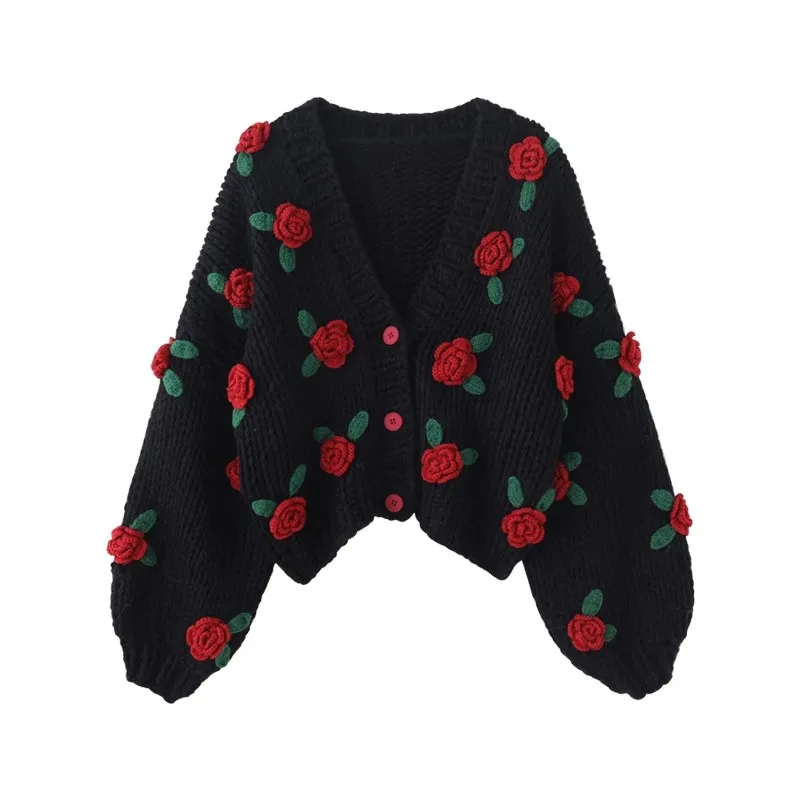 

Thickened Knitted V-neck Sweater Coat Handmade Crochet Flower Decoration Heavy-duty European Style Long Sleeve Cotton Blend