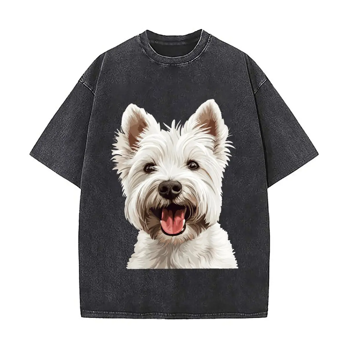 Camisetas Holgadas de Estilo Urbano con Ilustración de Retrato de Perro Westie (West Highland Terrier) Desgastado y Decolorado para Salidas al Parque