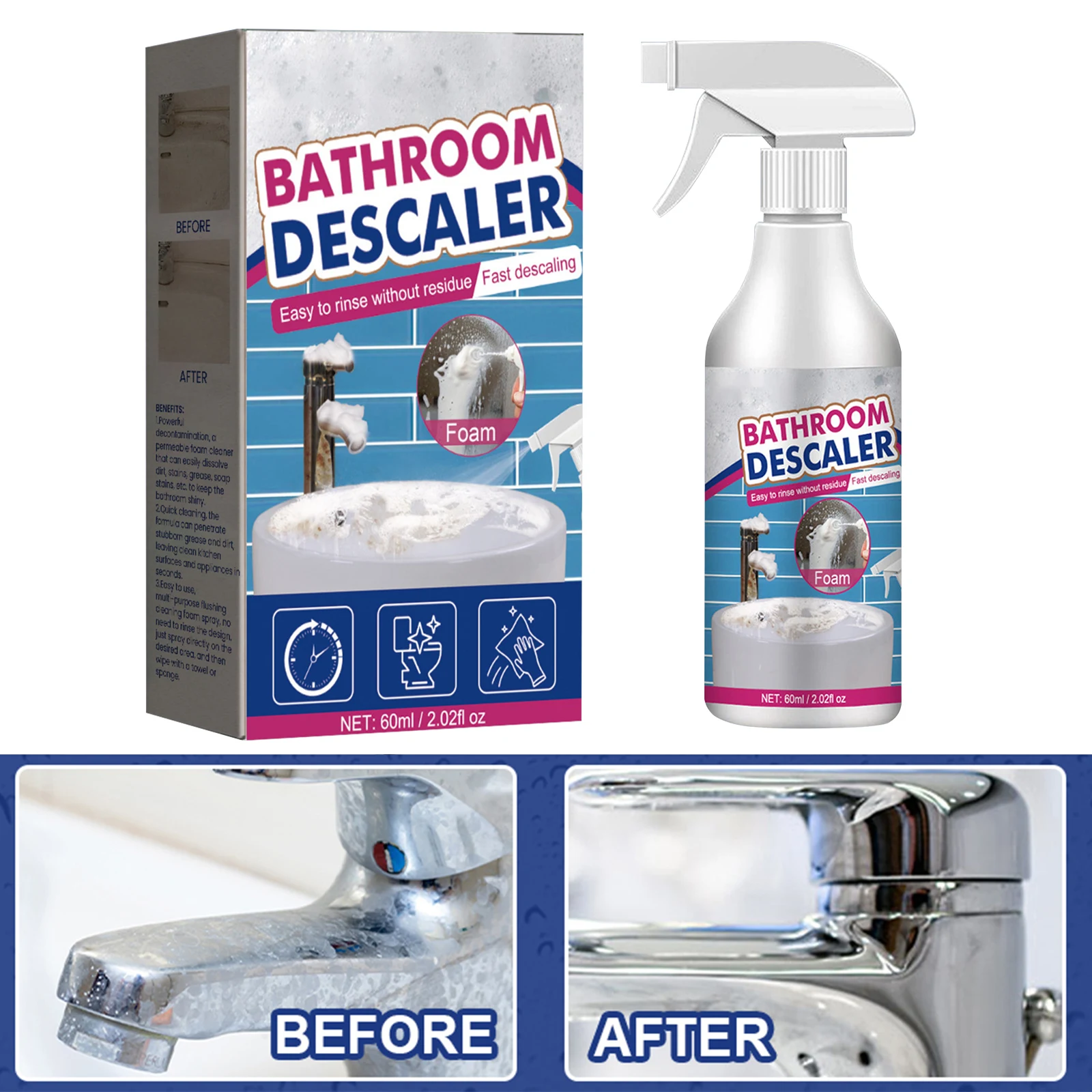 Bathroom Descaler Foam Cleaner Versatile Rinse Cleaning Foam Spray All Purpose Cleaning Liquid for Home Kitchen Bathroom