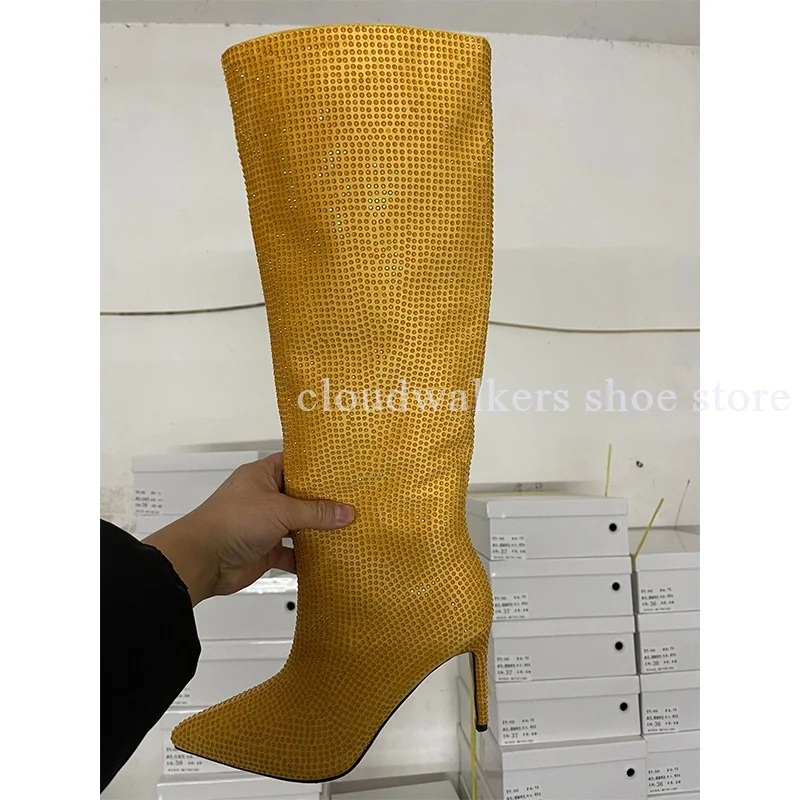 

Women's Multicolor Full Diamond Inlay Luxury Catwalk Knee-High Boot Sexy Pointed Toe Slip On Autumn Winter Fashion Stiletto Boot