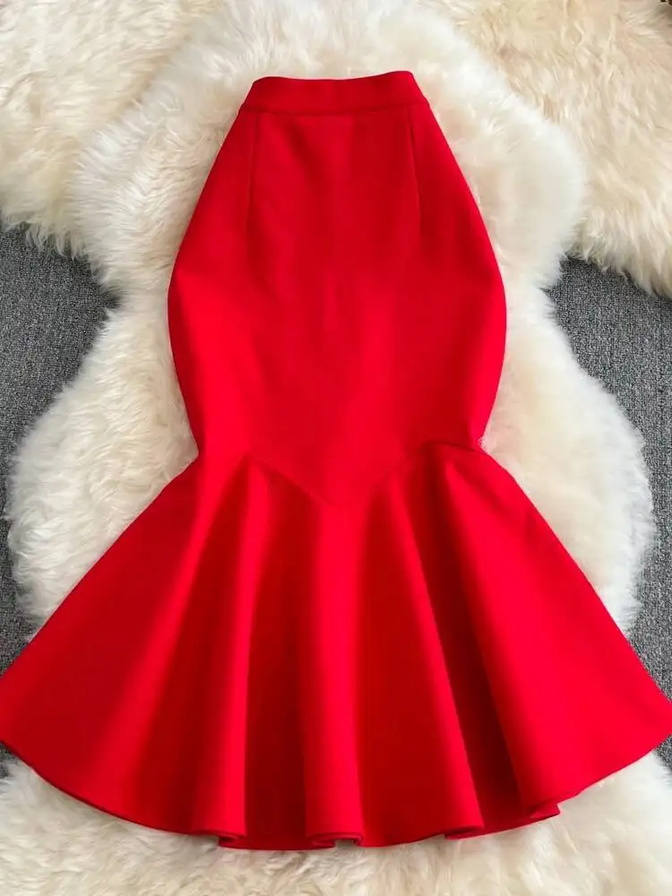 

Elegant Office Wrap Skirt Women Sexy High Waist Ruffle Skirt Spring Summer Solid Trumpet Skirts