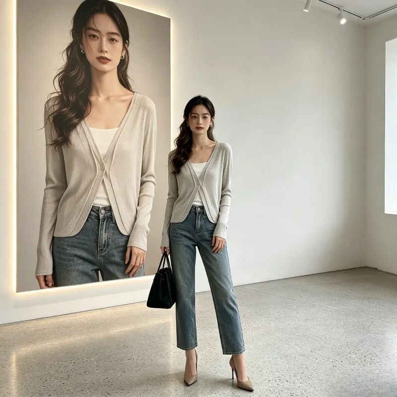 

Miyake Pleated V-Neck Single Button Cardigan for Women Lightweight Top Versatile and Elegant Commuter Long Sleeve Small Jacket