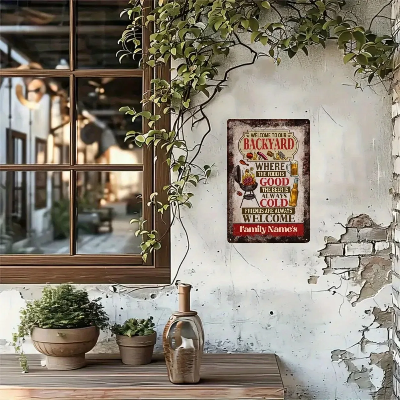 Custom Text Retro Backyard Welcome Aluminum Sign Vintage BBQ Grill Beer Mug Design Outdoor Wall Decor (Only Decoration)