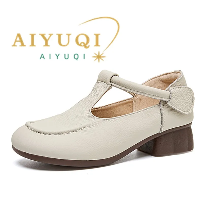 AIYUQI Women Genuine Leather T-Strap Mary Jane ShoesRound Toe Hook Loop Retro Comfort Casual Office Ladies Mother Shoes