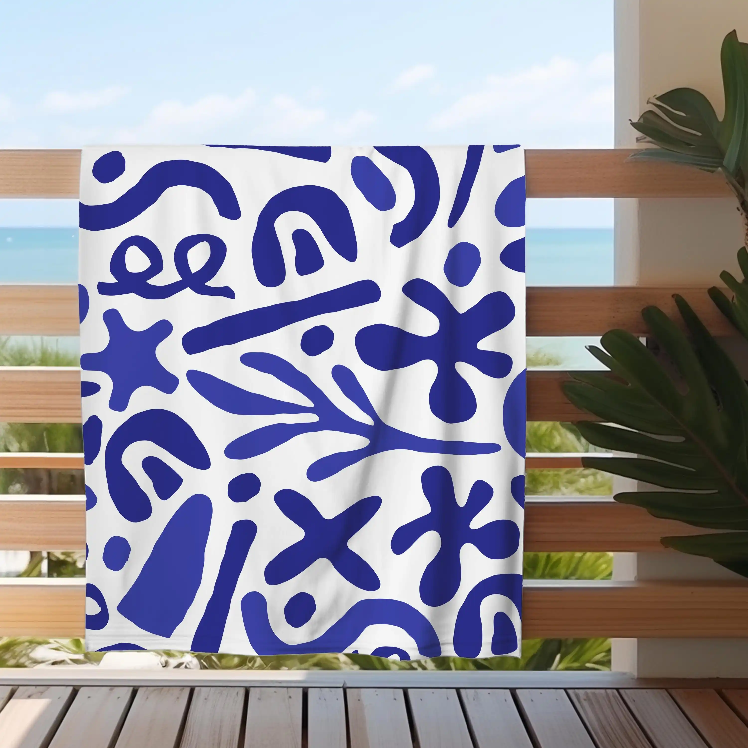 Mediterranean Blue & White Beach Towel, Elegant Design, Luxury Cotton-Poly Blend Large Pool Towel, Classy Gift for Beach Lovers