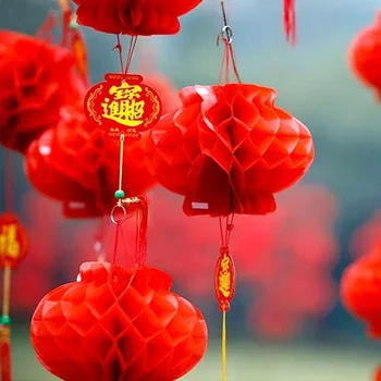 접이식 중국 레드 랜턴, 플라스틱 종이 벌집 전통 축제, 새해 2024 걸이식 장식, 방수, 5-12 인치 