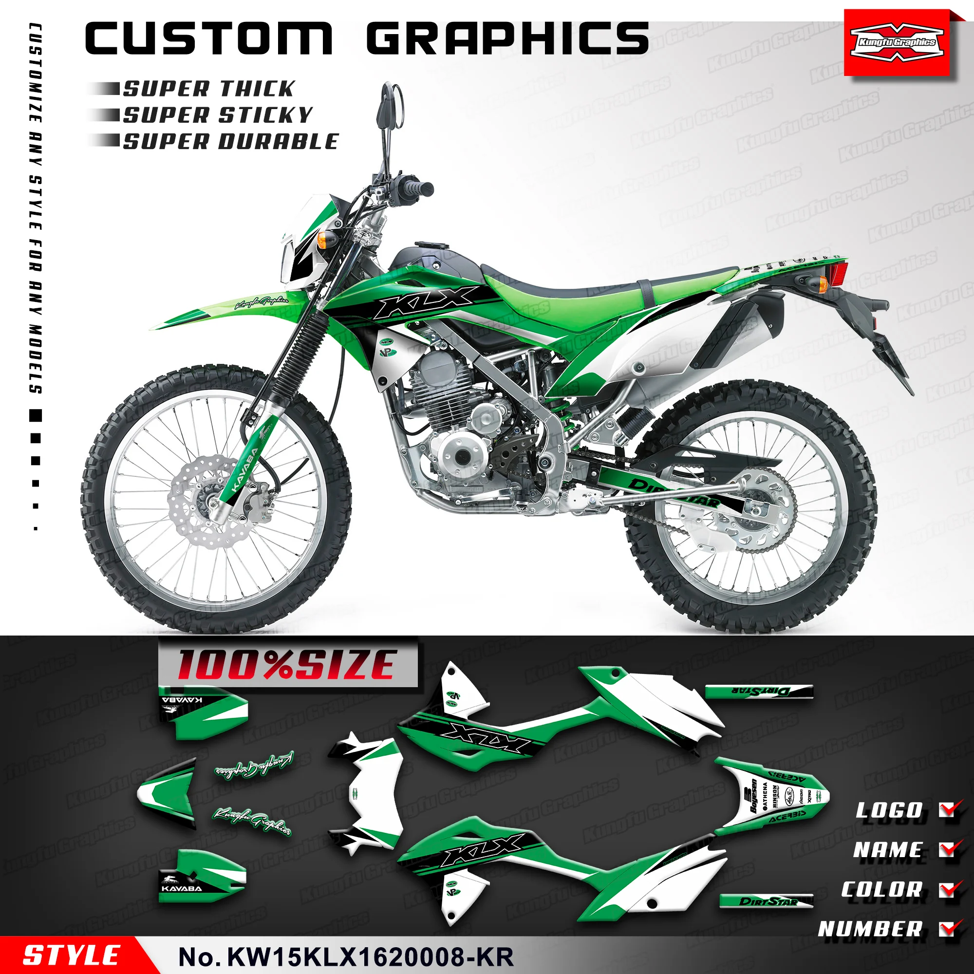 

Графическая клейкая наклейка KUNGFU GRAPHICS Dirtbike для Kawasaki KLX150BF KLX150L 2016 2017 2018 2019 2020 2022, KW15KLX 1620008 -KR