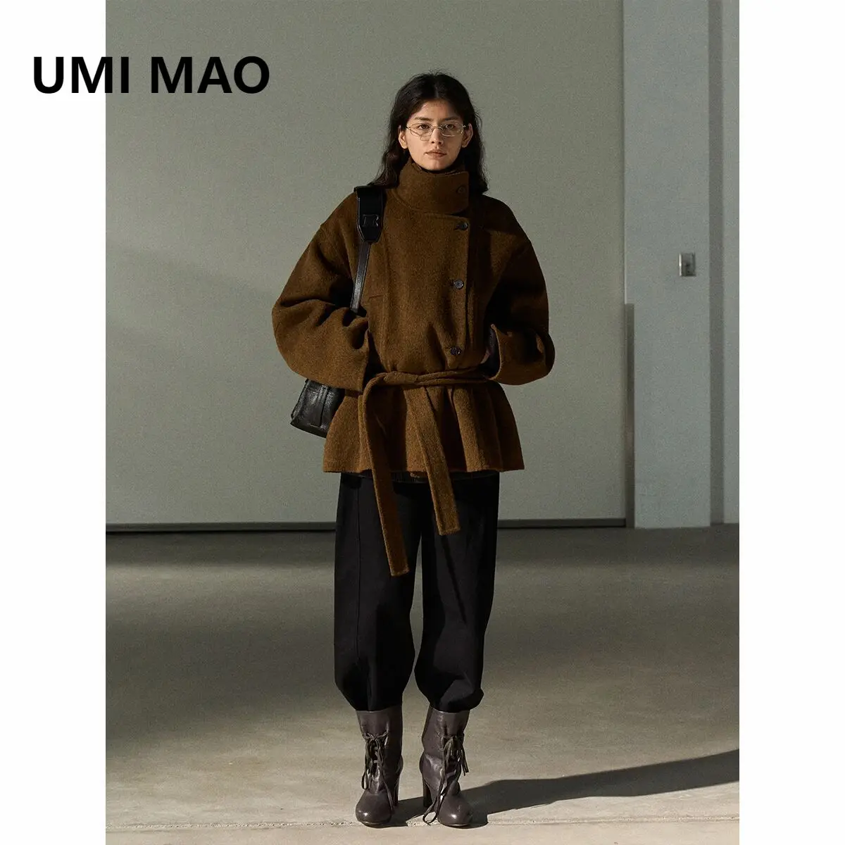 

UMI MAO женское шерстяное пальто с двусторонним поясом, короткое свободное пальто, женская верхняя одежда, осенние прямые H-образные куртки для женщин