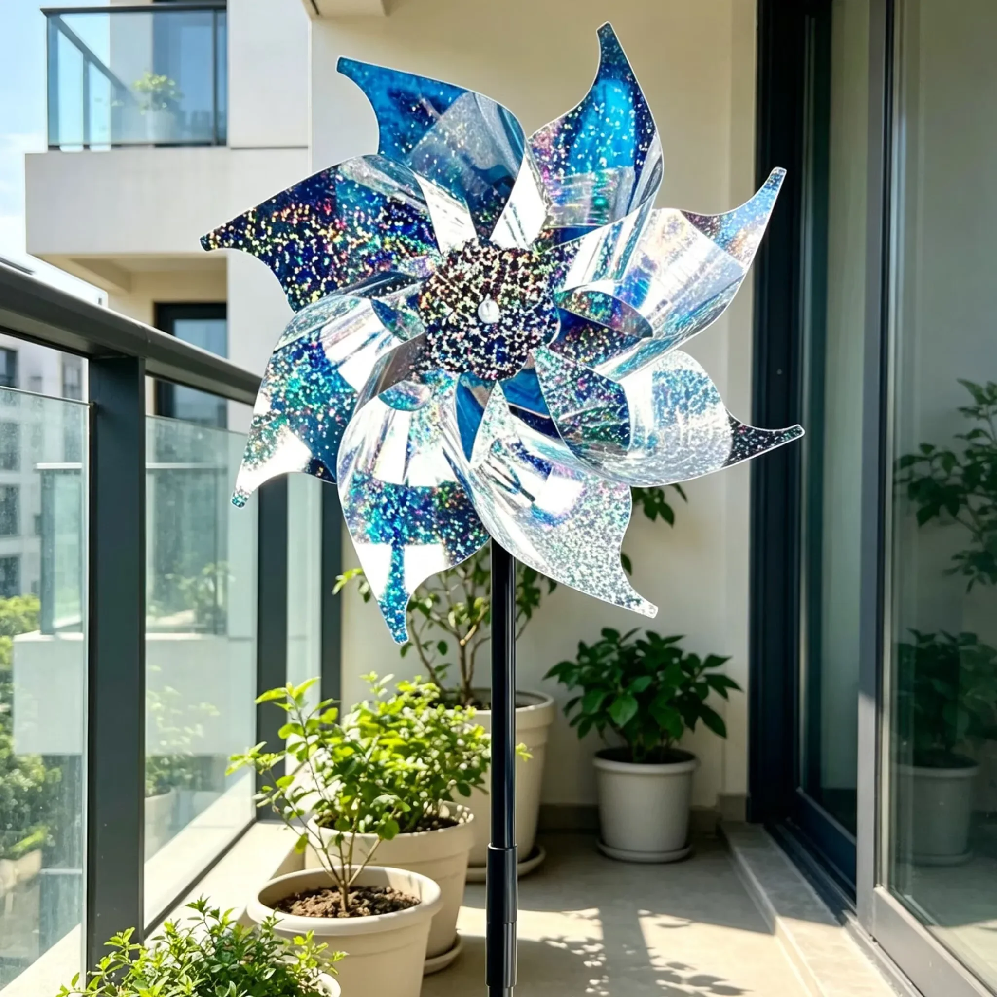 1PC Silver Laser Bird Chasing Windmill Garden Lawn Courtyard Decoration Bird Chasing Windmill
