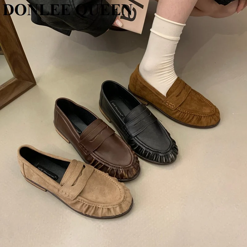 Women Ruffled Trim Loafers Soft Leather And Suede Slip On Flats Shoes Ruffle Edge Casual Loafers Vintage Dress British Footwear