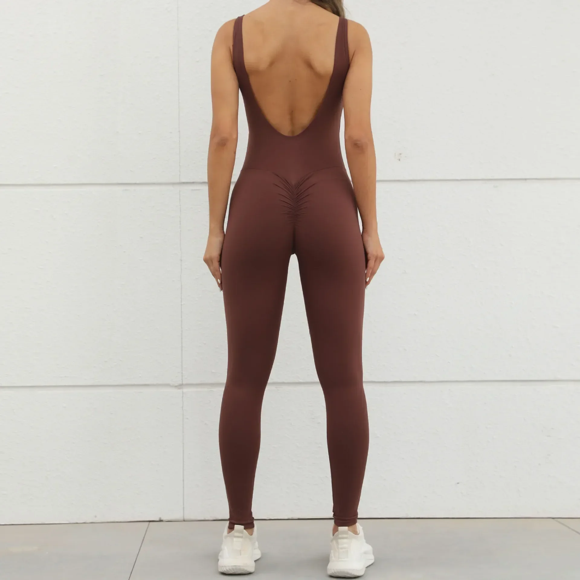 Sexy sem costas bodycon scrunch macacões mulher roupas esportivas uma peça ginásio salto terno yoga wear feminino macacão de fitness esporte outfit