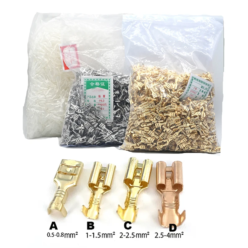 

2000PCS 6.3mm DJ622-D6.3/A/B/C/D Male and Female Wire Spade Connector and Non Insulated Sleeve Copper Wire Crimp Terminal