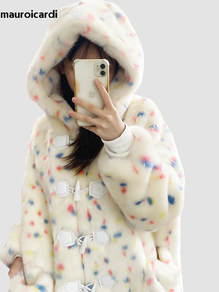 Mauroicardi Winter Long Oversized Colorful Cute Faux Fur Coat Women with Hood Horn Buttons Kawaii Japanese 2000s Style Clothes