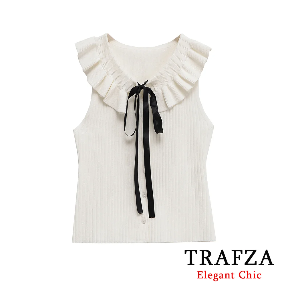 

TRAFZA Women Cute Knitted White Bow Tie Ruffle Neck Sleeveless Sweater 2025 New Spring Summer Fashion Versatile Date Beach Top