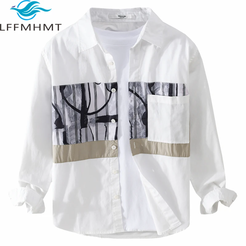 

9525 Spring Fall Men Shirt Creative Print Retro Patchwork Long Sleeve Japan Style Trendy Casual Loose Tops Cotton Blended Blouse