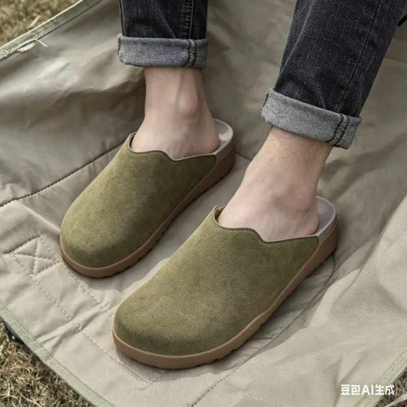 

New Men's Slippers New Retro Solid Color Flat Bottom Women's Slingback Shoes Closed Toe Round Toe Suede Clogs Sandals Autumn