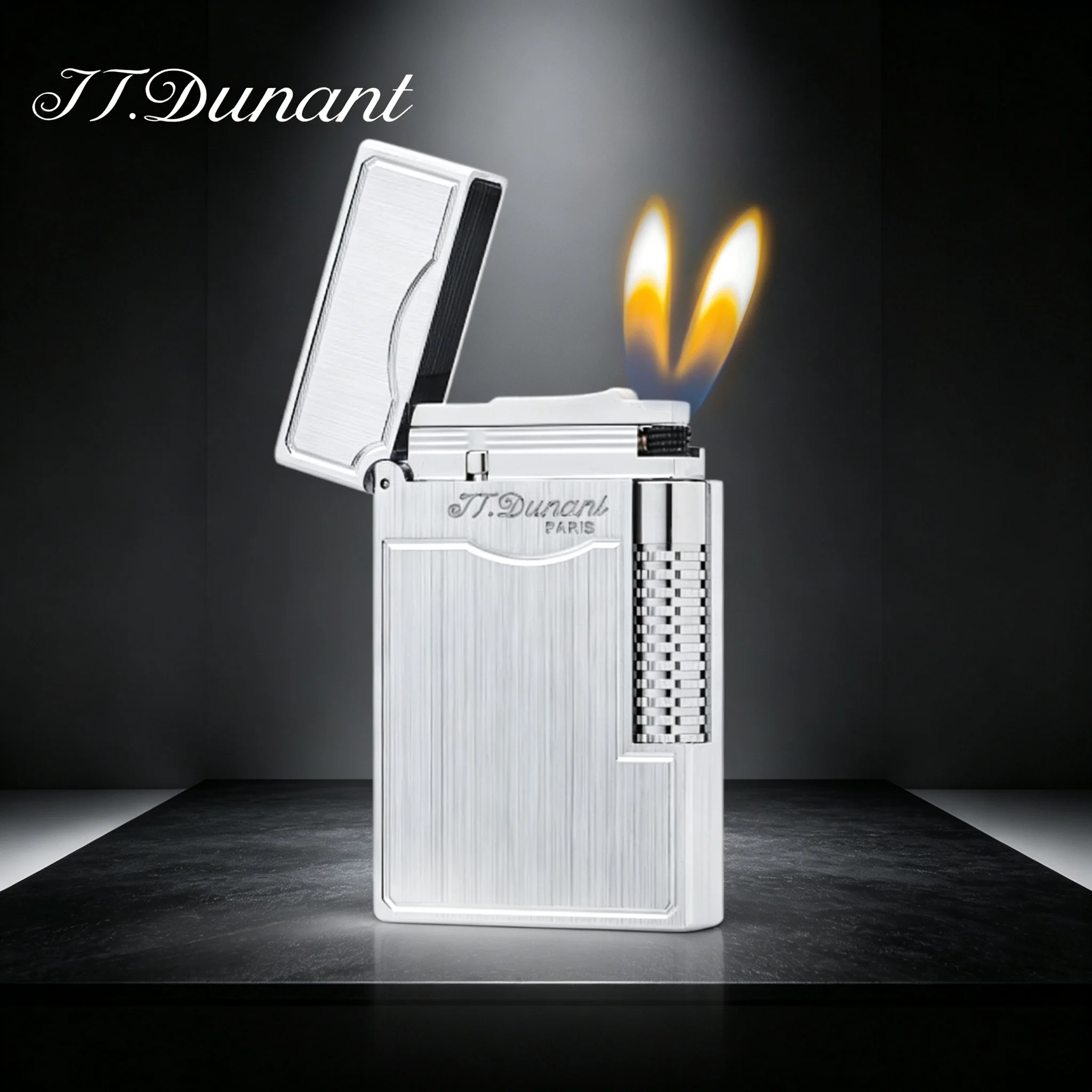 JT.Dunant Lighter Brushed Metal Floral Roller Dual Flame Ding Sound Refillable Butane Gas Lighter Luxury Men Smoking Gift