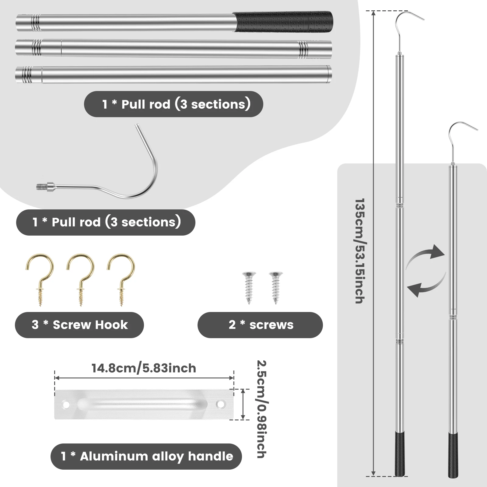 Kit sistema di trazione per scaletta soffitta Parti di ricambio per ganci per corde con asta di prolunga e strumento per parti di maniglia per gancio di stoccaggio in rame