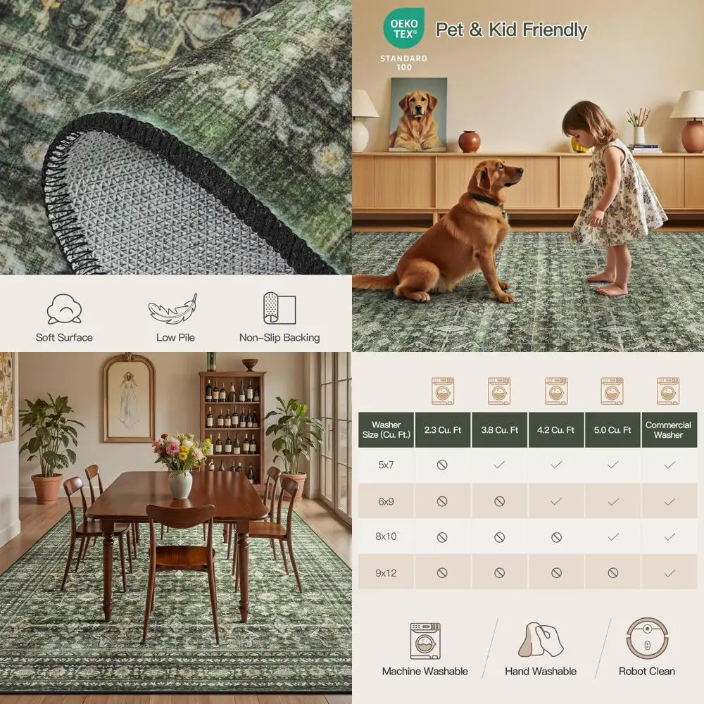 Green 9x12 Boho Area Rug - Soft, Washable, Non-Slip Backing for Living Room, Bedroom, Dining Room, and Home Office