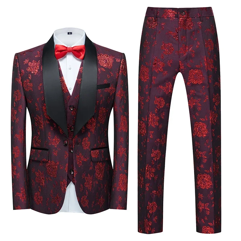 Fashion New Men\'s Casual Business Wedding Flower Suits Coat Trousers 3 Pcs Set / Male Printed Dress Blazers Jacket Pants Vest