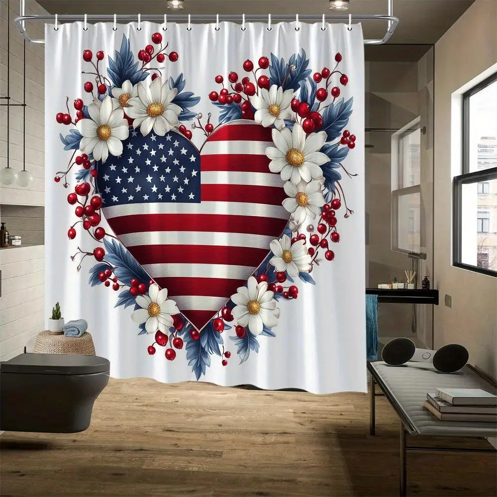 1pc Daisy Patriotic Heart American Flag Shower Curtain, Red White Blue Star Berry Elements, With Hooks, Bathroom Decor