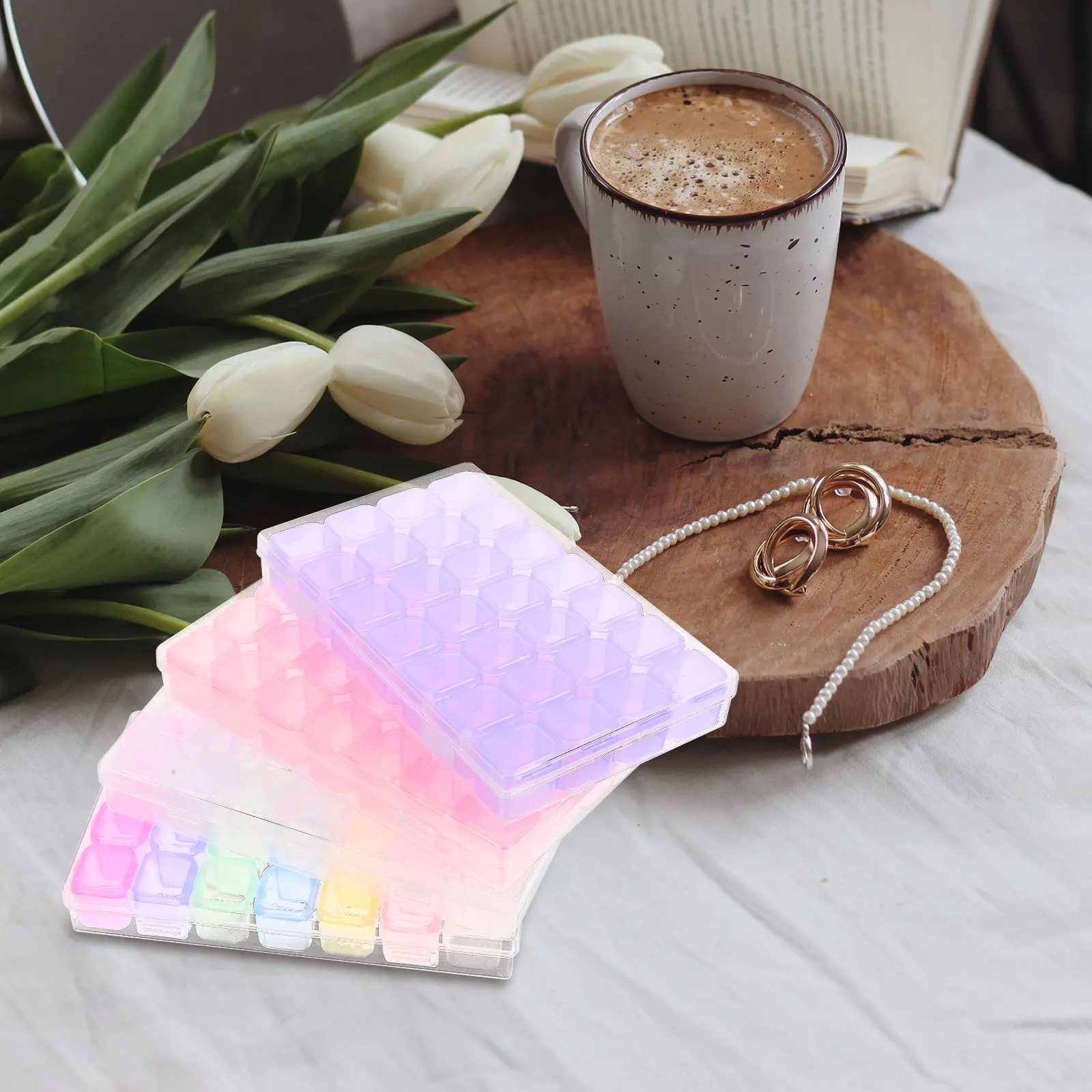 

4pcs Makeup Storage Box Clear Organizer Beads Diy Tools Desktop Holder Jewelry Sundries Home Bathroom College Apartment