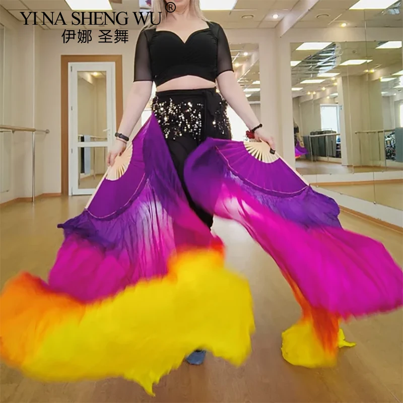 High Quality Silk Dance Fan 100% Real Silk Belly Dance Stage Performance Prop Fans Hand-dyed Multiple Colors Silk Veils Practice