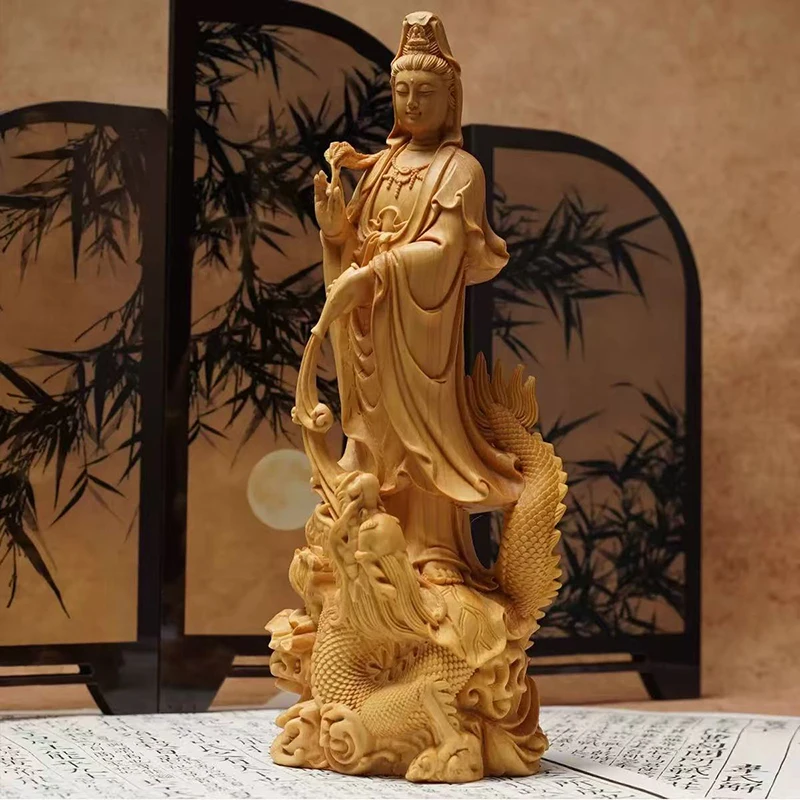 Estatua de Buda Guanyin de dragón de madera Natural, figuras budistas chinas talladas a mano tradicionales, sala de estar del hogar, estatua Feng