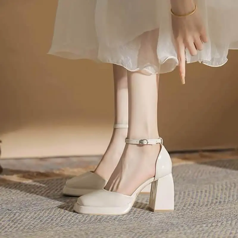 Closed Shoes Hollow 2024 Platform Heels Brief Pumps Square Toe Chunky Sandals Latest Footwear Shallow Mouth Straps Fine Beige