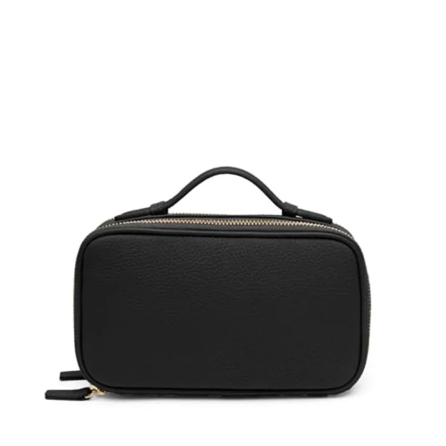 Black Pebble Small Leather Makeup Pouch for Travel Cosmetic Organizer with Dual Zipper Compartments Brush Slots and Water-Resis