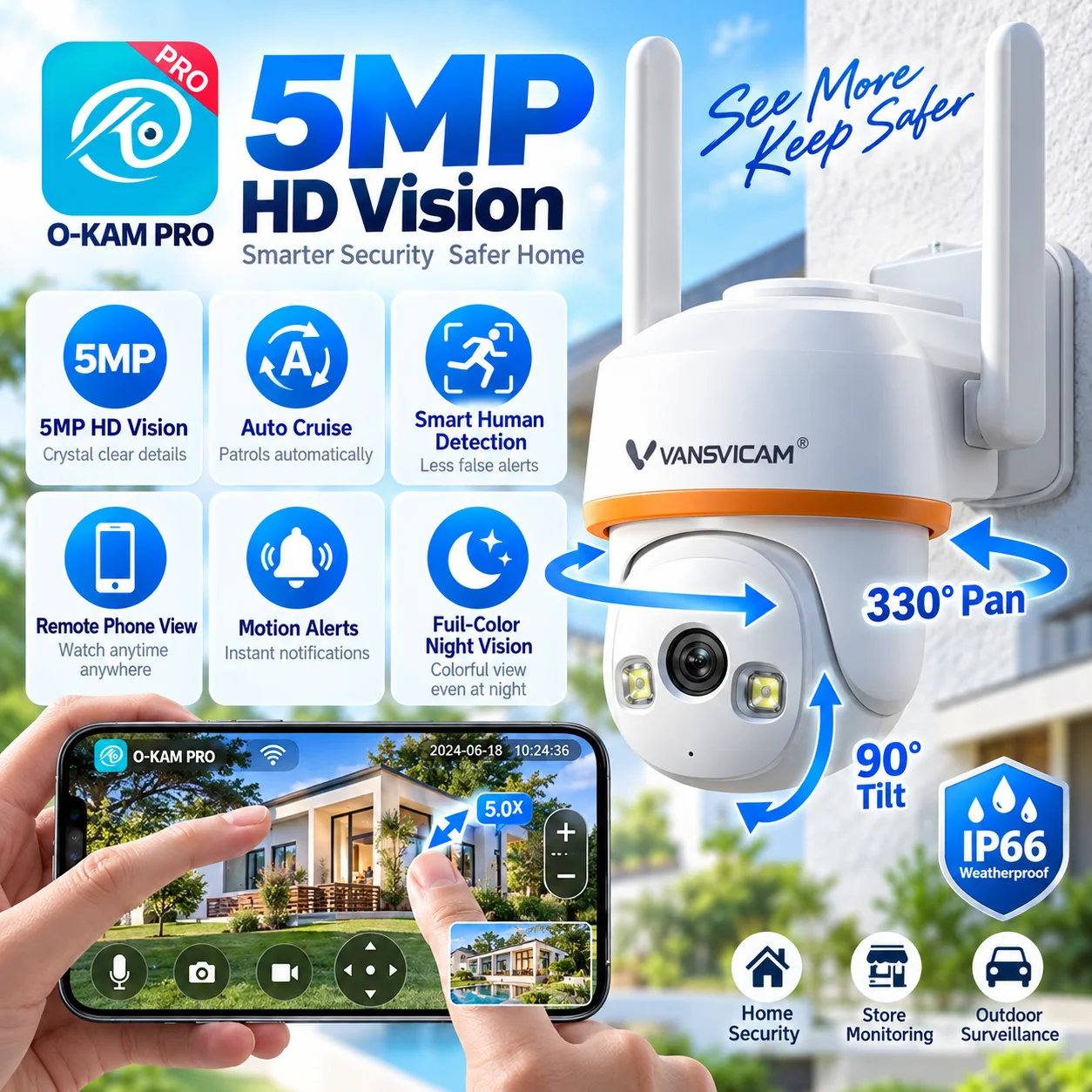 5MP CMOS HS30 PTZ Security Camera Wired Wireless Motion Detection Human Framing 50M IR Night Vision 256GB SD Card Cloud Storage