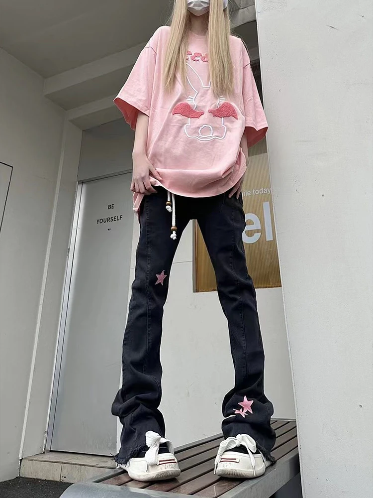 Estilo americano picante menina micro queimado jeans feminino outono 2025 nova casual estrela impressão moda perna reta calças versáteis