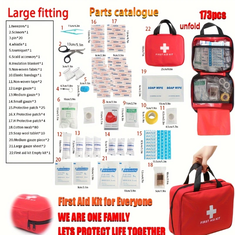 173Pcs First Aid Kit Full Set Bag Emergency Survival Medical Storage Bag Home Car Outdoor Travel Essential Medicine Organizer