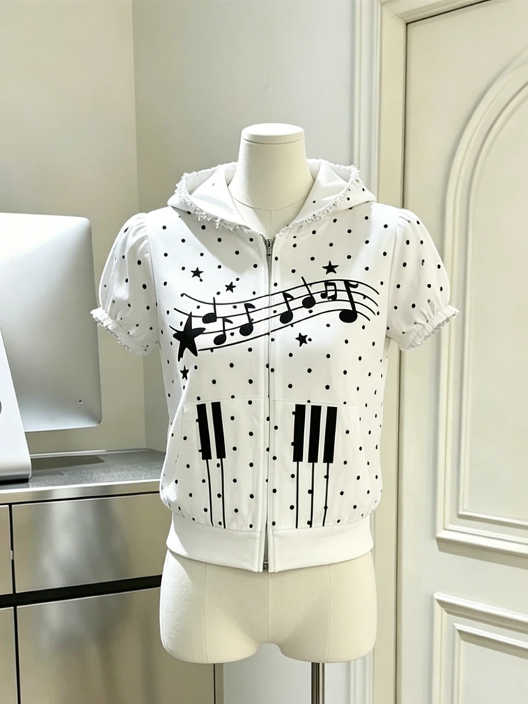 Summer Y2K white polka dot women's piano music star print slim fit hooded zipper short sleeved lace border daily fashion T-shirt view 2