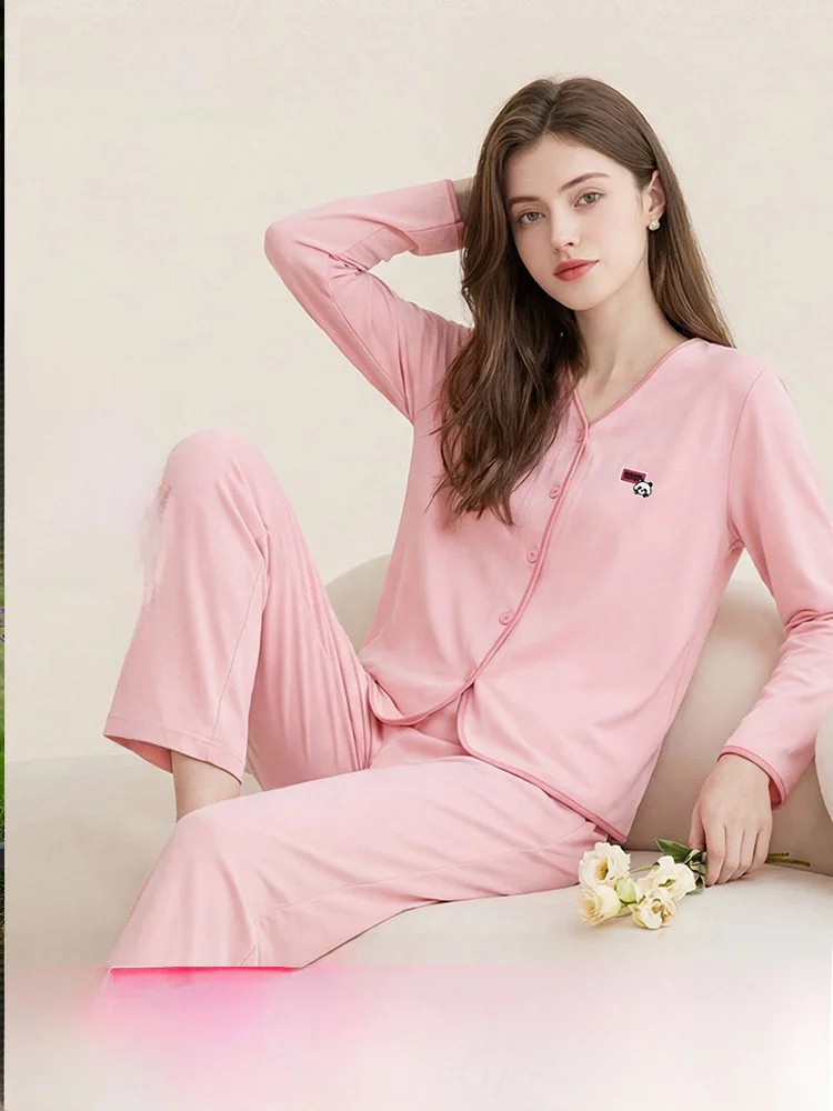 fenteng-spring-autumn-warmth-open-cardigan-sleepwear-women-long-sleeve-loose-pure-color-collar-home-clothes-set-cotton