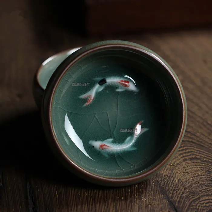 Chinese Longquan Celadon Porcelain China Teacup And Saucer Tea Bowl With Golden Fish 60ml Celadon Crackle Teacup