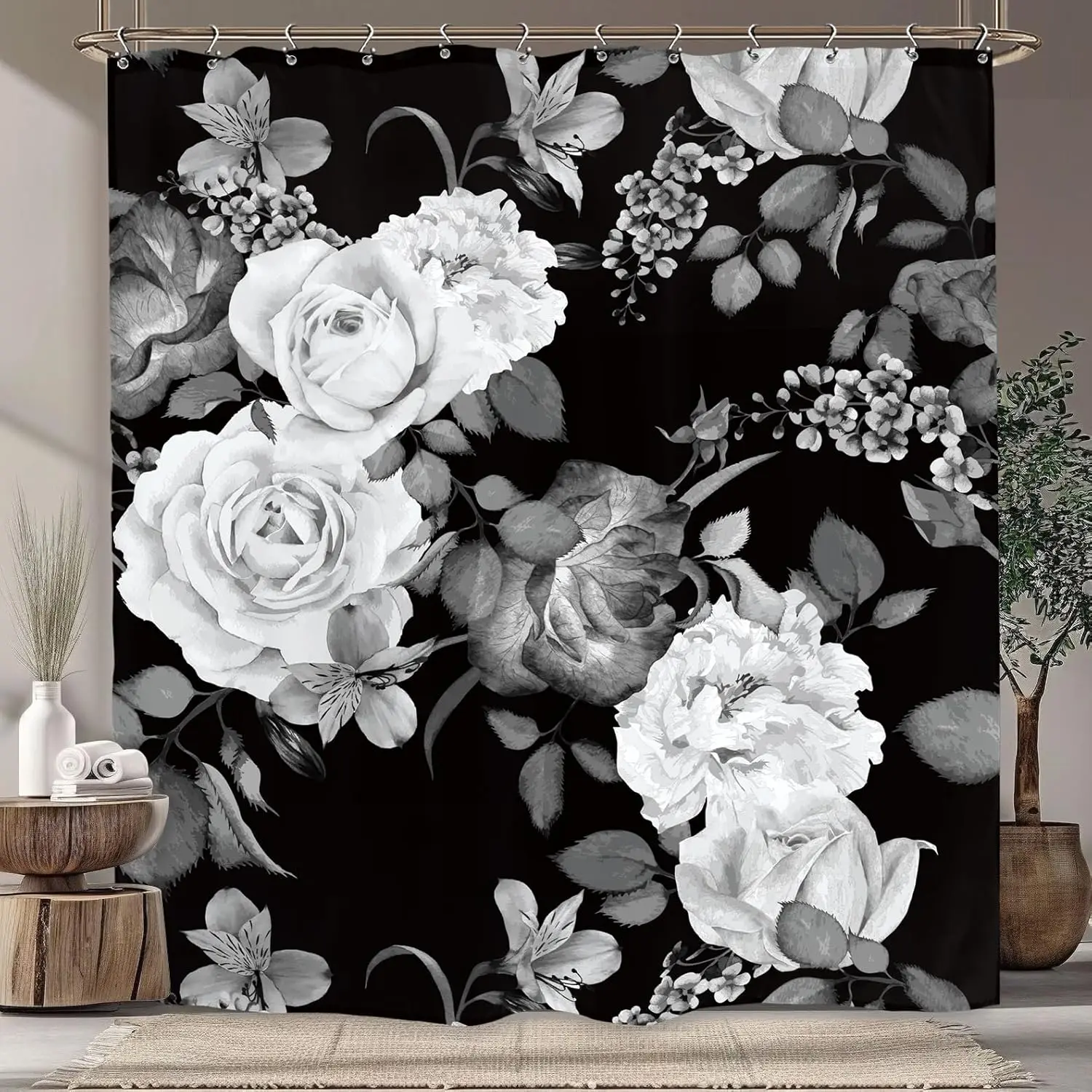 Black White Floral Bathroom Shower Curtain Flower Peony Blossom Blooming Modern Women Girls Polyester Fabric 12 Plastic Hooks