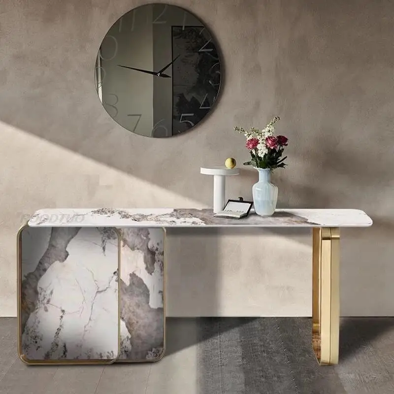 Luxury Popular Minimalist Modern Stainless Steel Curbed Console Table Aisle Corridor Marble Golden Living Room Furniture