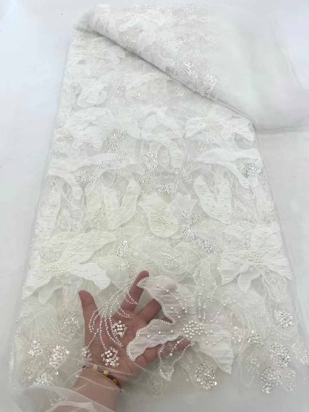 2025 High Quality African Sequins Tulle Embroidered Groom Lace Fabric Beaded Sequins Lace Fabric For Nigerian Wedding