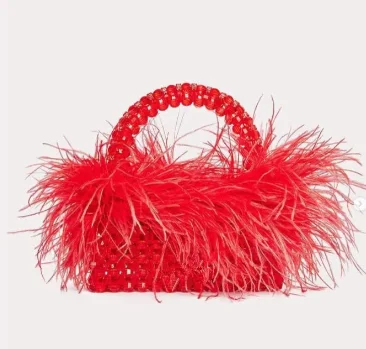 Parel kralen tas met veren bont Designer merk helder acryl kristal stenen doos Tote handtas vrouwen handgemaakte feesttas - afbeelding 1
