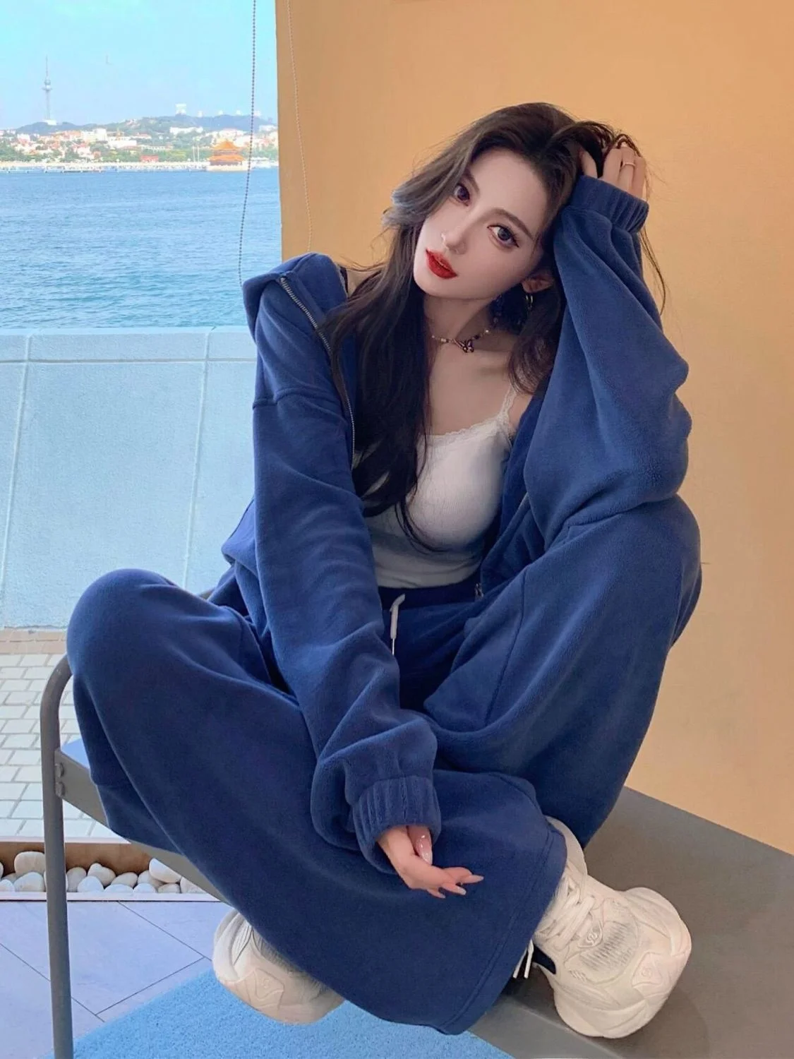

plus Size Women's Casual Sportswear Set Fce Lined Loose Fit Hoodie And Wide Leg Pants Two Piece Autumn Winter Outfit