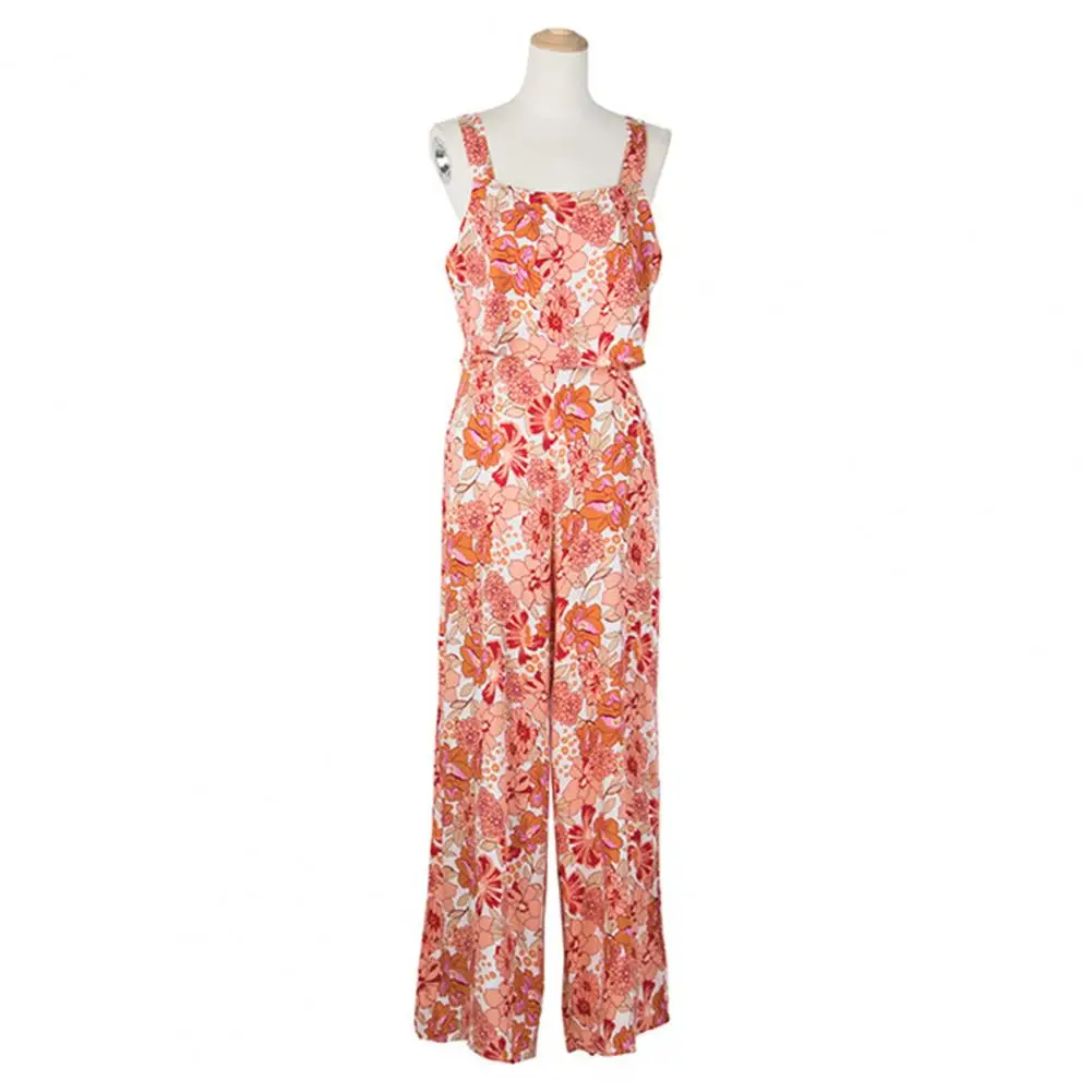 

Sweet Printed Jumpsuit Floral Print Backless Wide Leg Jumpsuit for Women Vacation Beachwear with Square Neck Zipper Closure Soft