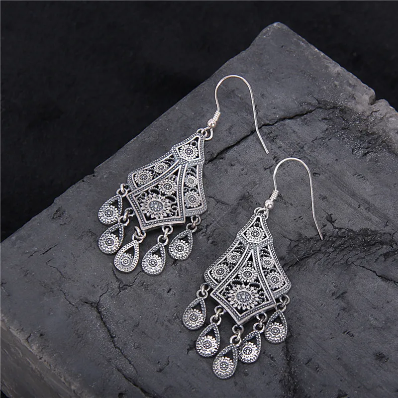 Mysterious Sun Totem Flower Dangle Earrings for Women Thai Silver Exotic Jewelry 925 Sterling Silver Brincos Tassels Earrings