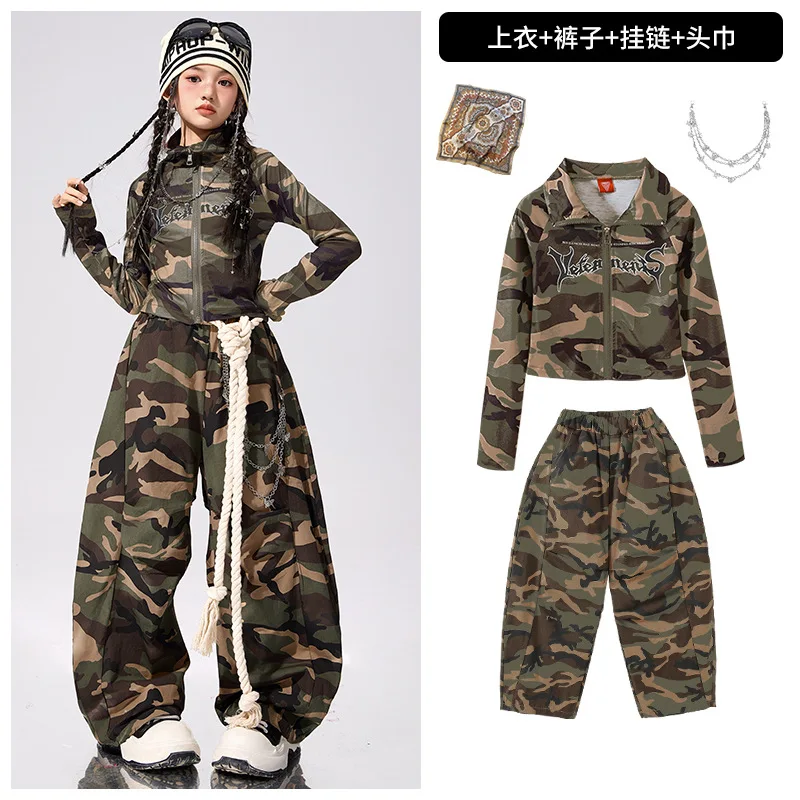 Teenager Girls K-pop Camouflage Top And Cargo Pants Set Child Streetwear Jazz Hip Hop Military Outfit for Girl Groups