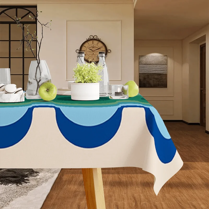 1pc Blue-Green Gradient Ripple Tablecloth - Retro Art Style Tableclothzyc