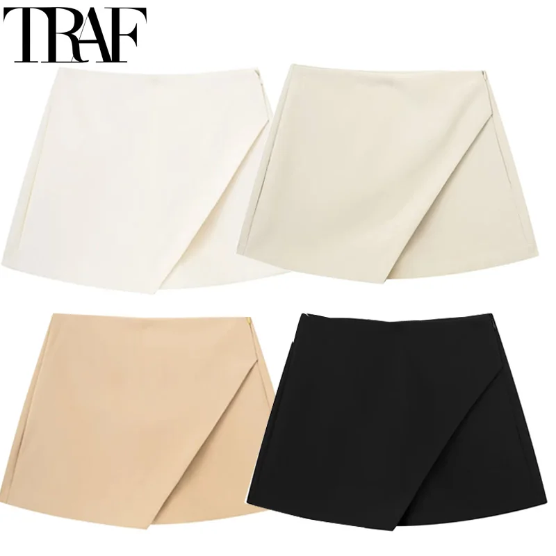 TRAF Skort For Women High Waist White Black Skirt Pants Woman Summer 2024 Asymmetric Khaki Skirt Shorts Casual Women\'s Skort