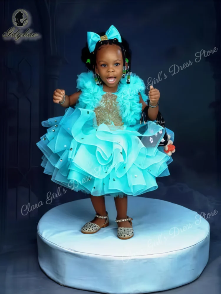 Leuke turquoise kralen meisje verjaardagsfeestje jurk prinses gegolfde bloemenmeisje jurk baby- en kinderavondjurk